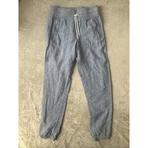 Athleta 100% Linen Jogger Pants Blue Chambray Drawstring Zip Pocket Size 4 Tall